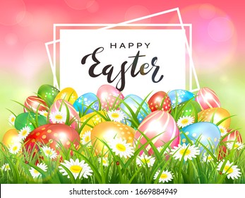 Easter theme with colorful eggs in the grass with flowers. White card with lettering Happy Easter on pink background. Spring nature. Illustration can be used for holiday design and greeting card.