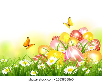 Easter theme with colorful eggs in the grass with flowers and butterflies. Spring nature. Illustration with realistic eggs can be used for holiday design, banners, poster, greeting cards.