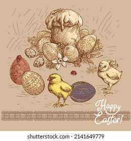 Easter theme composition with kulich and painted eggs with chickens and beetles. Hand drawing, pencil drawing, design elements, eggs with ornaments for the holiday. Holy Day.