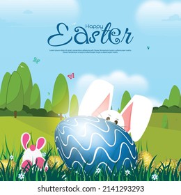 Easter theme, cute rabbits playing in the natural background on grass and flowers, rabbit peeking from behind eggs, Easter greetings in the natural background with sunlight,