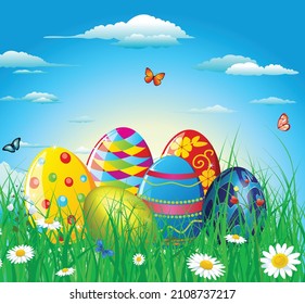 Tema de Semana Santa con orejas de conejito y mariposas volando sobre los coloridos huevos en hierba y flores,