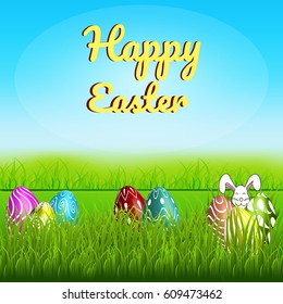 Easter theme with ears of bunny  flying above the colorful eggs in grass , sky nature background with sun beams and lettering Happy Easter, illustration.