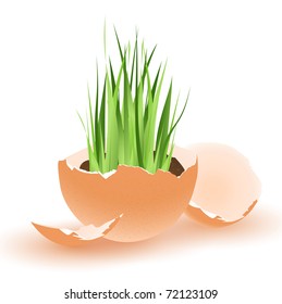 Easter theme with egg and green growing grass over white background