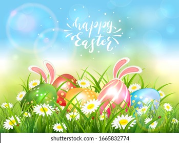 Easter theme with eggs and bunny ears. Lettering Happy Easter on blue nature background and a white rabbits behind eggs in the grass with flowers, illustration.