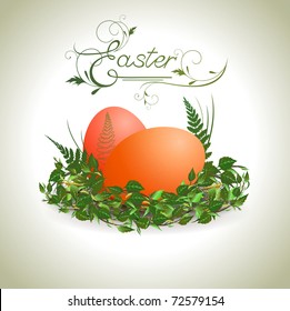 Easter theme with eggs and green leaves