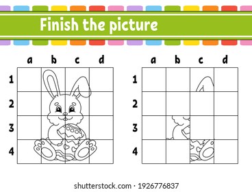 Easter theme. Finish the picture. Coloring book pages for kids. Education developing worksheet. Game for children. Handwriting practice. Cartoon character. Vector illustration.