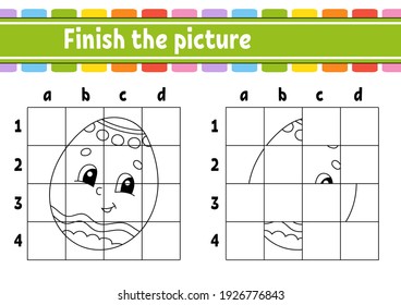 Easter theme. Finish the picture. Coloring book pages for kids. Education developing worksheet. Game for children. Handwriting practice. Cartoon character. Vector illustration.