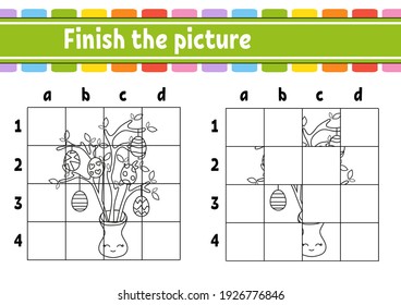 Tema de Pascua. Termina la imagen. Colorando páginas de libros para niños. Educación desarrollando hoja de trabajo. Juego para niños. Práctica de escritura a mano. Caricatura. Ilustración vectorial.
