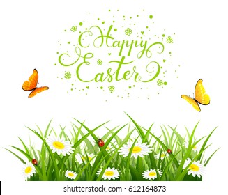 Easter theme with a flying butterflies over grass and flowers. Nature background with lettering Happy Easter, illustration.