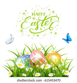 Easter theme with a flying butterflies over colorful eggs in grass and flowers. Nature background with lettering Happy Easter, illustration.