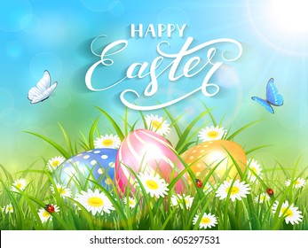 Easter theme with a flying butterflies and three colorful eggs on grass and flowers, blue nature background with sun beams and lettering Happy Easter, illustration.