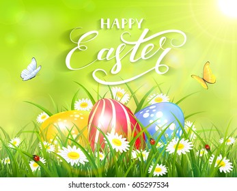 Easter theme with a flying butterflies and three colorful eggs on grass and flowers, green nature background with sun beams and lettering Happy Easter, illustration.