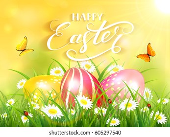 Easter theme with a flying butterflies and three colorful eggs on grass and flowers, yellow nature background with sun beams and lettering Happy Easter, illustration.