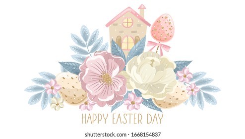 Easter theme with house, flowers, branches and eggs. Inscription Happy Easter Day. For textiles, postcards, and Wallpapers. Printing on fabric, paper, cards, invitations.