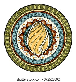 Easter theme mandala with doodle egg. Ethnic floral pattern. Henna paisley mehndi tribal background. Hand drawn art mandala. Card, brochure, poster template.