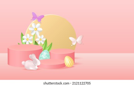 Easter theme podium display with egg decoration and bunny. Realistic vector design