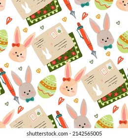 Easter theme. Easter postcards, bunnies. Vector seamless Pattern. Light background, wallpaper, cartoon style