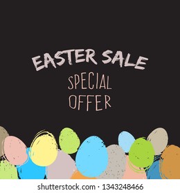 Easter theme poster with  eggs . Vector design template for special sale. Pastel texture.