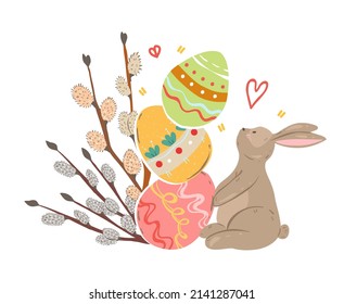Easter theme. Rabbit with Easter eggs, willow branches. Vector illustration. Cartoon style