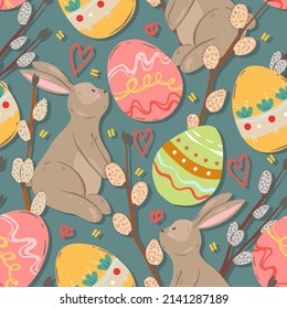 Easter theme. Rabbit with Easter eggs, willow branches. Vector seamless Pattern. Dark background, wallpaper, cartoon style