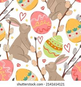 Easter theme. Rabbit with Easter eggs, willow branches. Vector seamless Pattern. Light  background, wallpaper, cartoon style