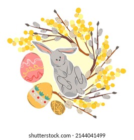 Easter theme. Rabbit lies on branches of mimosa and willow, Easter eggs. Vector illustration. Cartoon style
