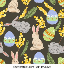 Easter theme. Rabbits with Easter eggs, mimosa branches. Vector illustration. Vector seamless Pattern. Dark Background, wallpaper, cartoon style