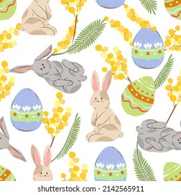 Easter theme. Rabbits with Easter eggs, mimosa branches. Vector illustration. Vector seamless Pattern. Light  Background, wallpaper, cartoon style