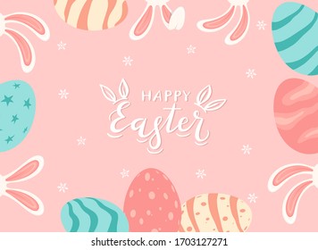 Easter theme with rabbits and painted eggs. Border of bunny ears with white lettering Happy Easter on pink background. Cartoon illustration can be used for holiday design, backgrounds, banners.