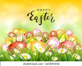 Easter theme with red, pink and orange eggs in the grass with flowers. Black lettering Happy Easter on yellow background. Spring nature. Illustration can be used for holiday design and greeting card.