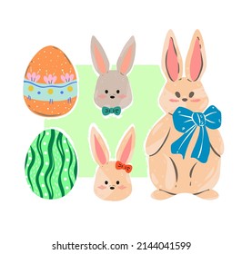 Easter theme. Set, Bunny, Easter eggs, muzzles of rabbits. Vector illustration. Cartoon style