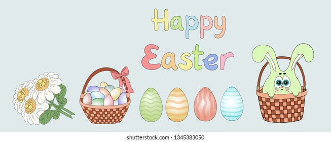 Easter theme set. Easter bunny, rabbit, egg, flower,color eggs isolated. Holiday background.