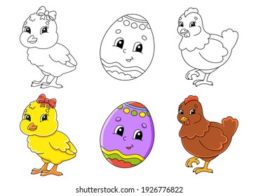 Easter theme. Set coloring page for kids. Cute cartoon characters. Black stroke. With sample. Vector illustration.