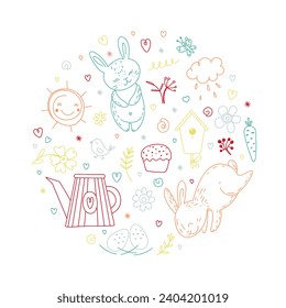 Easter theme set. Composition in circle. Design elements, on white background. Cute cartoon style. Outline doodle style.