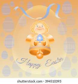 Easter theme vector illustration with golden bell angel, blue Ester eggs, ribbon and words Happy Easter on yellow background.
