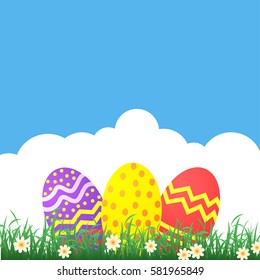 Easter themed banner with decorated eggs and grass