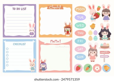 Easter Themed Bunny Checklists and To Do Lists.Set of Cute template notes with Easter theme.Memos and stickers. Cute paper memo template. Notes, memos and to do lists used in a diary, home or office.