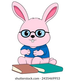 Easter themed cartoon doodle illustration, bookish student rabbit sitting with lots of books, creative drawing 