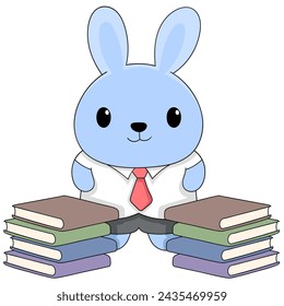 Easter themed cartoon doodle illustration, library guard rabbit, lots of books being arranged, creative drawing 