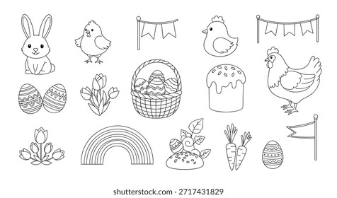 Elementos para colorear con temas de Pascua con contornos de una cesta de huevos de pollito de conejo y flores de primavera festivas para niños.