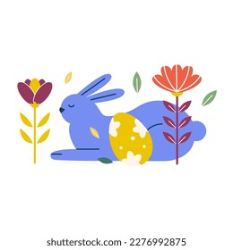Easter themed composition color rabbit, dyed egg and flowers. Modern folk spring vector design. Perfect for a decorated social media post, poster, cover or postcard.