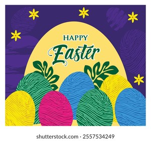 The Easter themed design features colorful decorated eggs, festive ornaments, and cheerful greeting text on a bright purple and yellow background. Flat vector modern illustration