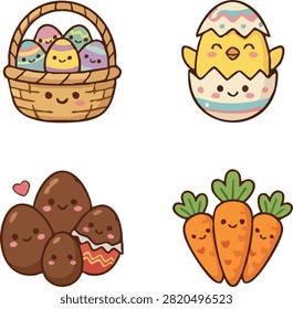 Easter themed featuring cute characters such as an egg in a basket a chick in a shel and a carrot.