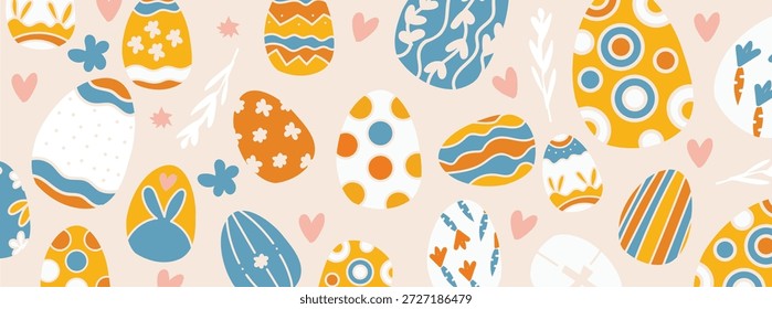 Easter themed horizontal illustration with decorated eggs, floral elements, and soft pastel colors. Spring holiday composition suitable for seasonal design, web headers, invitations, and festive layouts.
