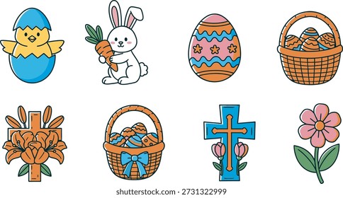 Iconos temáticos de Pascua que incluyen huevos, cestas de conejo y flores cruzadas