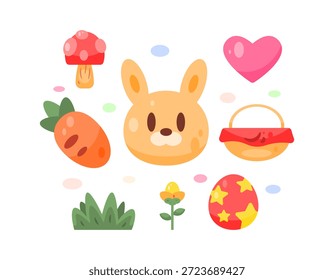 Easter themed illustration collection or set. illustration of rabbit head, basket, heart, carrot, flower, bush, easter egg. Icons, symbols, stickers, clip art, decorations, ornaments. Flat style. White background.