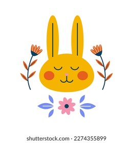Ilustración temática de Semana Santa concepto de estilo folclórico nórdico con boquilla de conejo y flores. Diseño moderno de vectores de resorte minimalista. Perfecto para un post decorado en medios sociales, afiche, portada o postal.