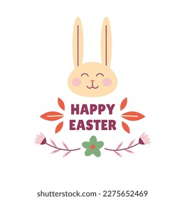 Easter themed illustration concept folk nordic style with rabbit muzzle and flowers. Modern minimalist spring vector design. Perfect for a decorated social media post, poster, cover or postcard.