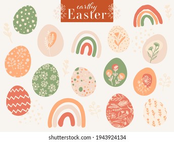 Easter themed illustrations of colored eggs, rainbows, flowers, leaves, branches, herbs and dots. Holiday icons in earthy tones for invitations, prints, posters and more.