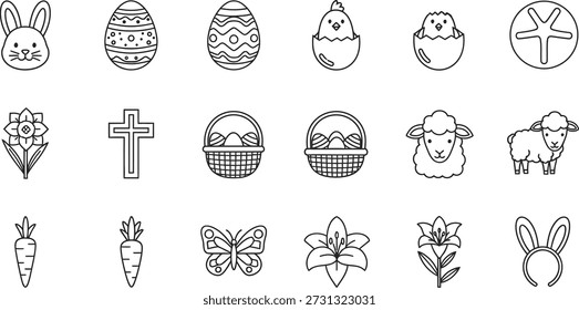 Ilustraciones temáticas de Pascua que incluyen conejitos, huevos y símbolos religiosos